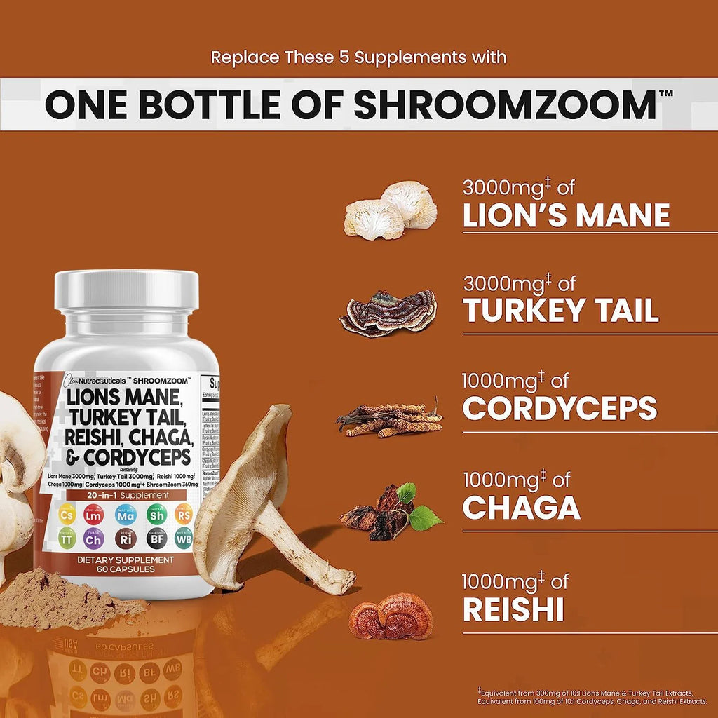 Lions Mane 3000mg 20in1 Mushroom Supplement with Turkey Tail, 60 Count N93354