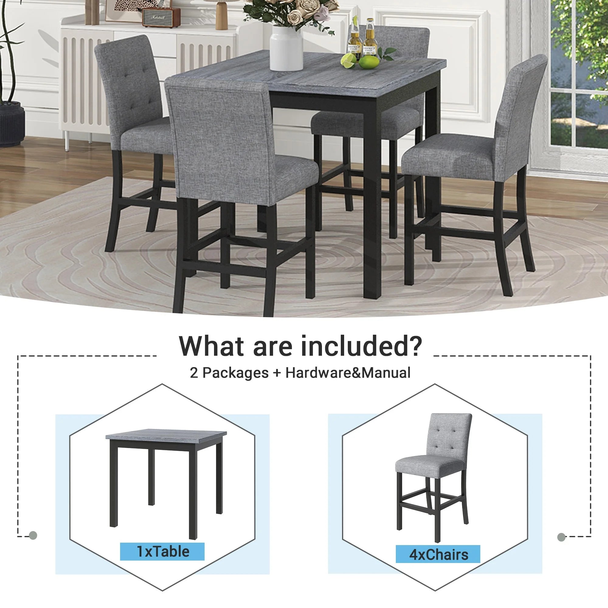 5-Piece Counter Height Dining Set with 4 Chairs, Wooden Frame T21553