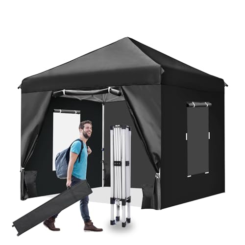 10x10 Pop Up Canopy Tent with 4 Removable Sidewalls and Windows, Ez Pop Up Outdoor Canopy, Adjustable Commercial Tent with Roller Bag, 4 Sandbags Black