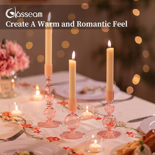 Glasseam Pink Glass Candlestick Holder Set of 3 for Table Centerpiece S2250
