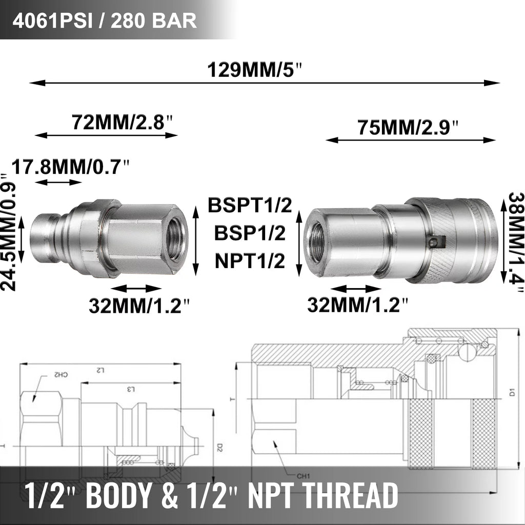 VEVOR Flat Face Hydraulic Couplers 1/2" NPT, Skid Steer Quick Connect with Dust Caps V191