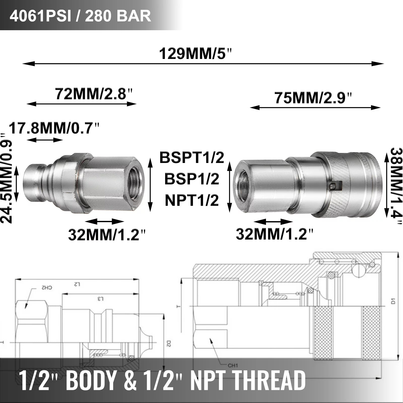 VEVOR Flat Face Hydraulic Couplers 1/2" NPT, Skid Steer Quick Connect with Dust Caps V191