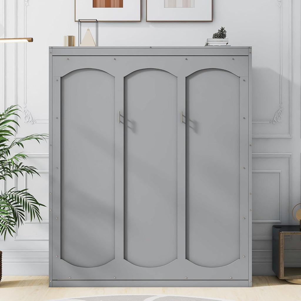 Queen Size Murphy Bed with Shelves, Wall Bed for Small Spaces, Gray H580