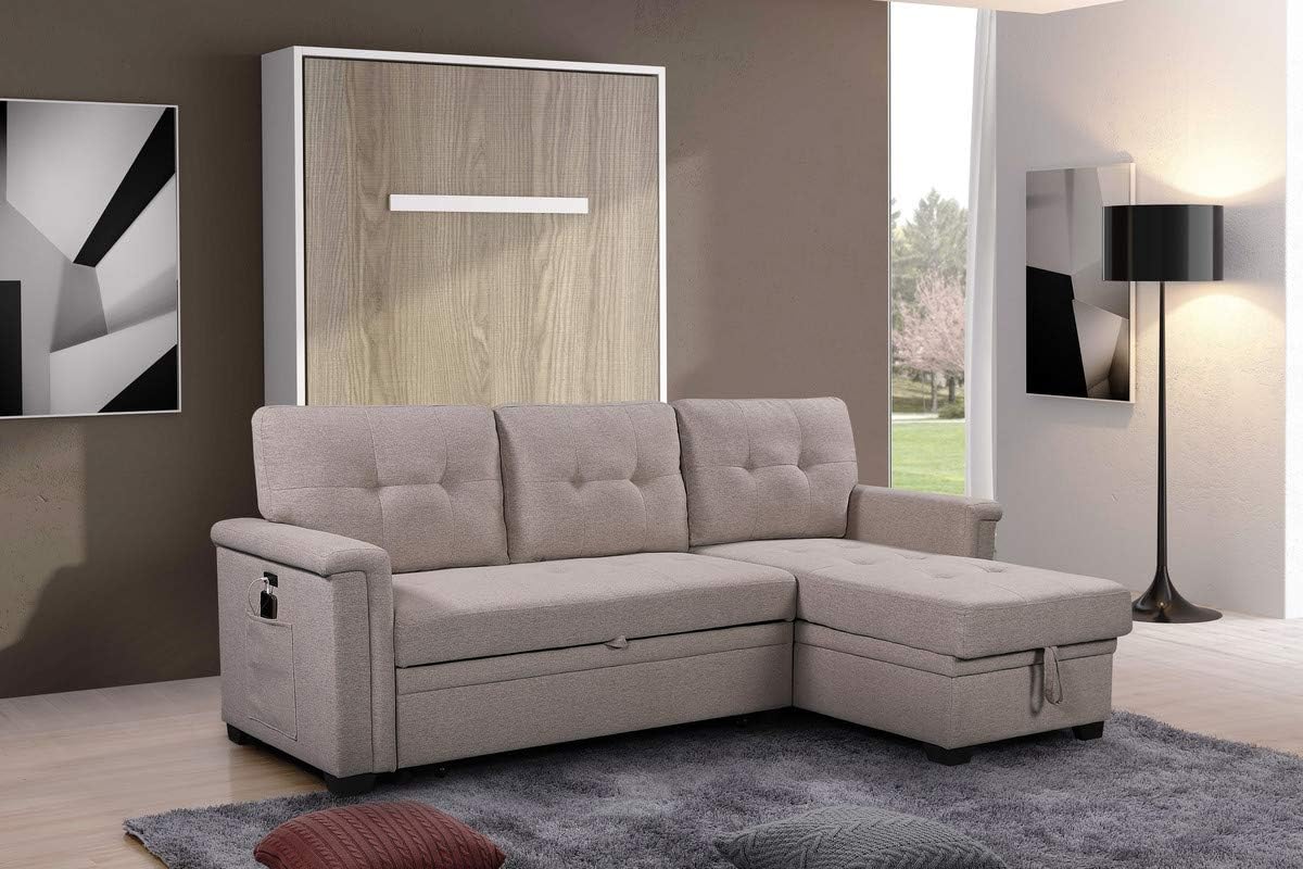 Linen Tufted Sectional Sleeper Sofa with Storage Chaise and Pull Out Bed, Light Gray M466231