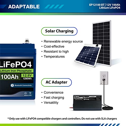ExpertPower 12V 100Ah LiFePO4 Deep Cycle Battery with Bluetooth, Built-in BMS H70877