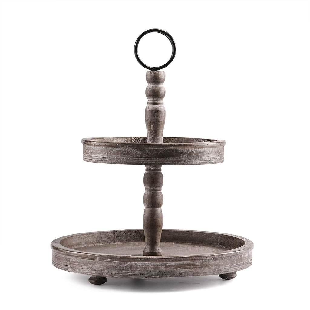 Two Tier Tray Distressed Wood 2 Tiered Serving Tray Farmhouse, Decorative Wooden Rustic Cake Stand for Kitchen Counter Table, Halloween Decor (Round Handle)