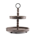 Two Tier Tray Distressed Wood 2 Tiered Serving Tray Farmhouse, Decorative Wooden Rustic Cake Stand for Kitchen Counter Table, Halloween Decor (Round Handle)