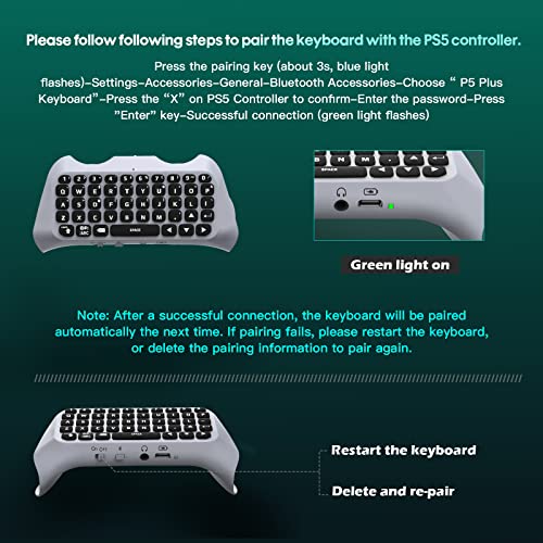 TiMOVO Multi-Color RGB Backlight Keyboard for PS5 Controller, Wireless Bluetooth Chatpad, Black V9833