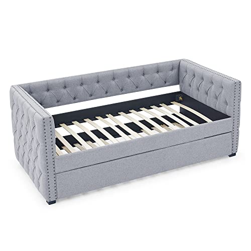 Fabric Upholstered Twin Daybed with Trundle, No Box Spring Needed F868722