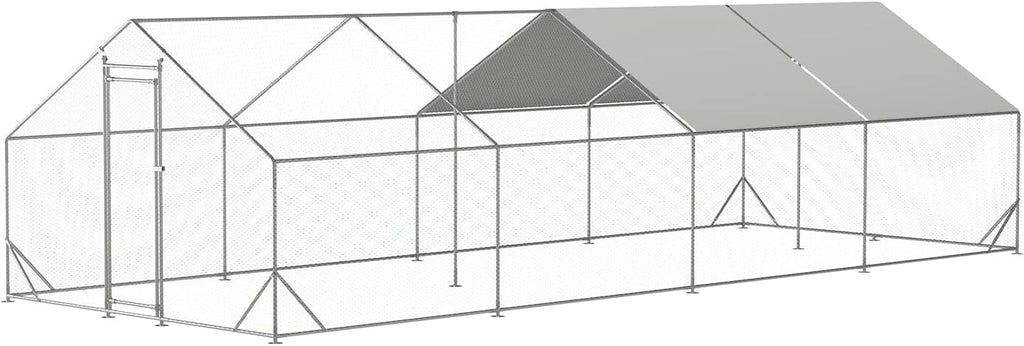 IchbinGo Large Metal Chicken Coop with Waterproof Cover, Walk-in Metal Poultry Cage Spire Shaped Coop, Chicken Run Duck House with Anti-UV Cover for Outdoor Backyard Farm (10' L x 25.5' W x 6.56' H)