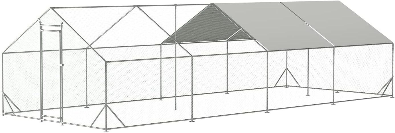 IchbinGo Large Metal Chicken Coop with Waterproof Cover, Walk-in Metal Poultry Cage Spire Shaped Coop, Chicken Run Duck House with Anti-UV Cover for Outdoor Backyard Farm (10' L x 25.5' W x 6.56' H)