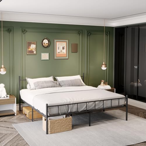 14 Inch California King Metal Platform Bed Frame with Headboard and Steel Slat Support N114