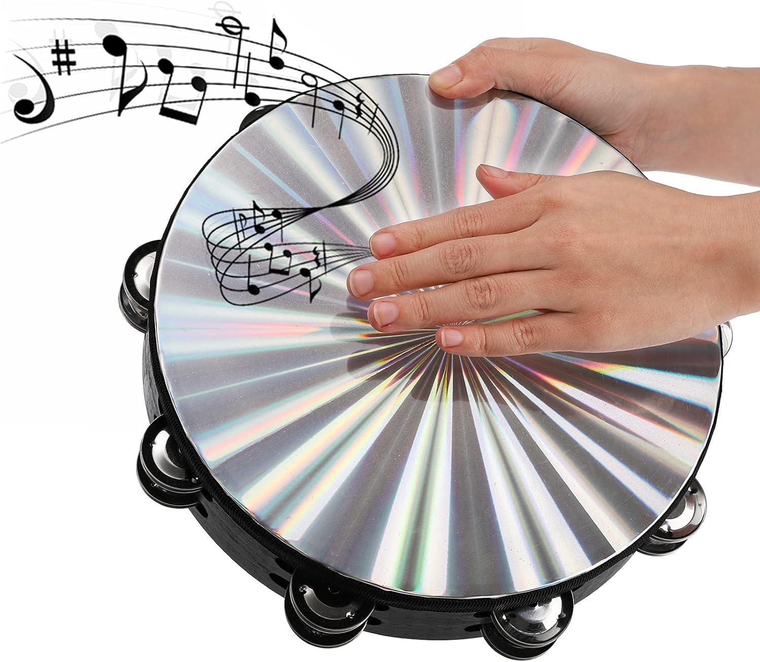 YOUEON 2 Pack Radiant Tambourine with Double Row Jingles, 8/10 Inch Wood Hand Drum H389