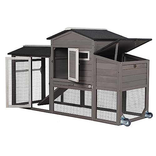 71" Chicken Coop Backyard Hen House Wooden Tractor Poultry House for Indoor Outdoor, with Chicken Nesting Box, Wheels, Waterproof Roof, Pull Out Tray