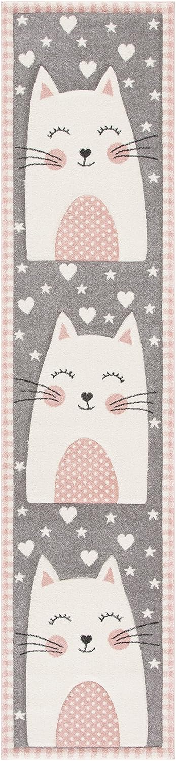 SAFAVIEH Carousel Kids Runner Rug 2'3" x 12' Pink & Grey Cat Design Y247301