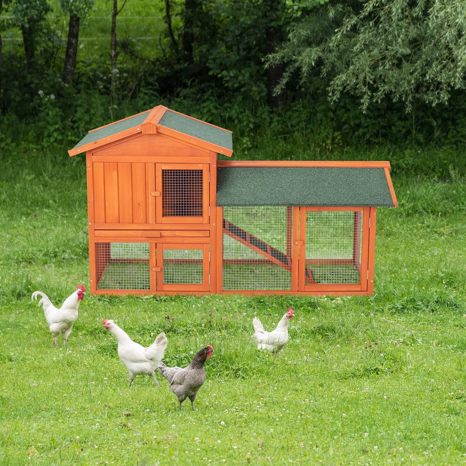 61" Wooden Chicken Coop with Waterproof Roof and Run W9953