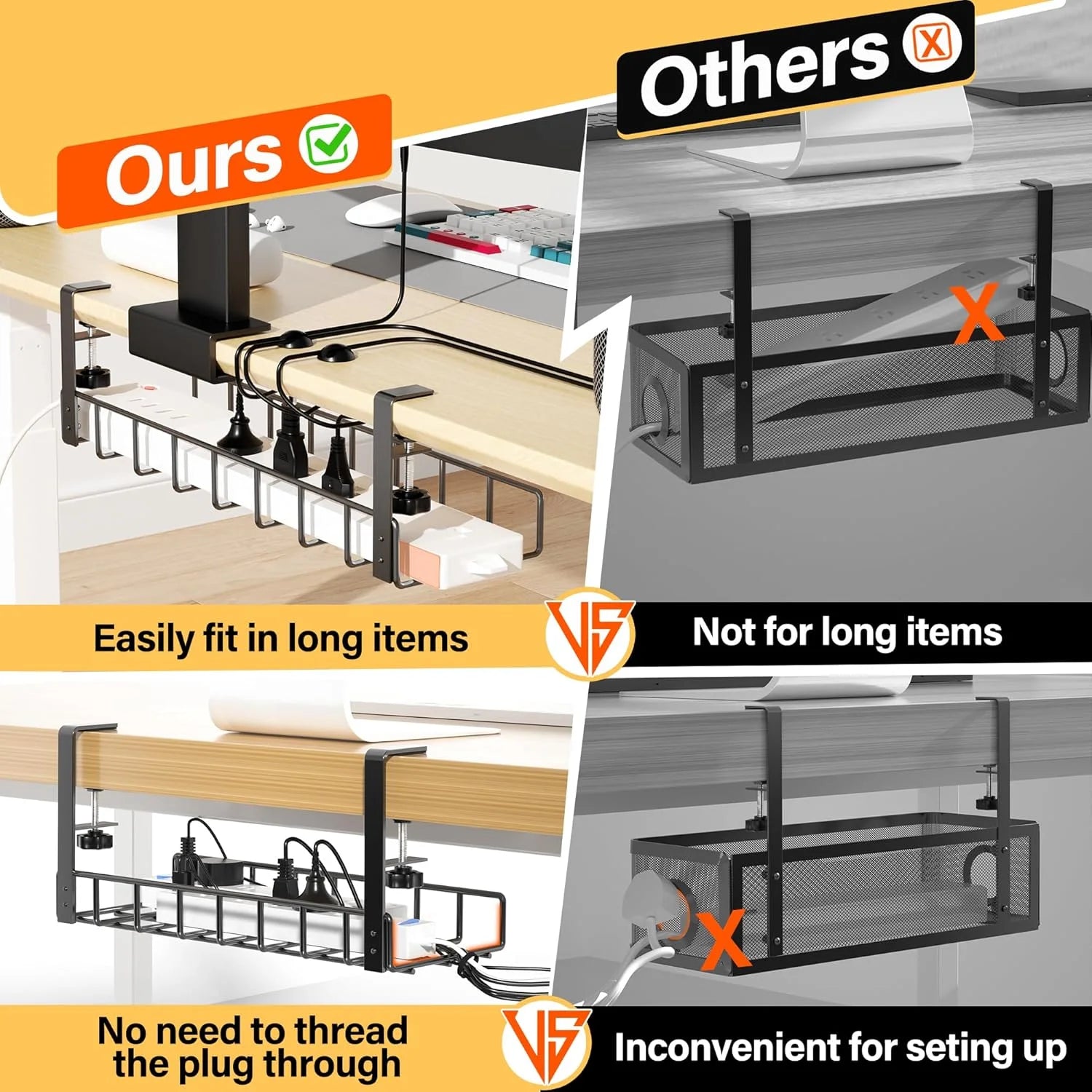 2 Pack Under Desk Cable Management Tray, 31.4" No Drill Metal Cord Organizer, Black P622