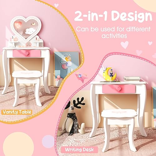 Costzon Kids Vanity Set 2 in 1 Princess Makeup Dressing Table & Chair with Detachable Tri-fold Mirror, White M683