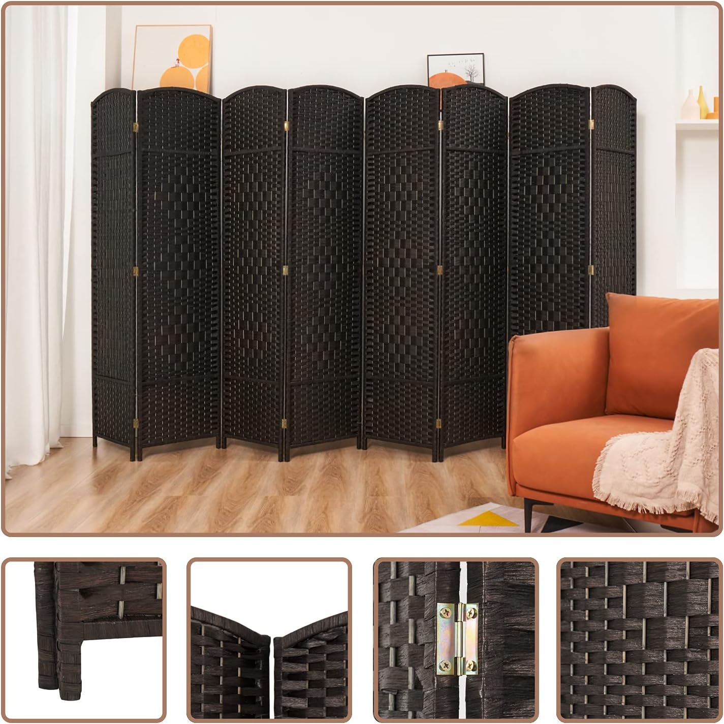 Room Divider 6 ft Tall Folding Privacy Screen Extra Wide Partition Panel Wall Divider Coffee 8-Panel Y925