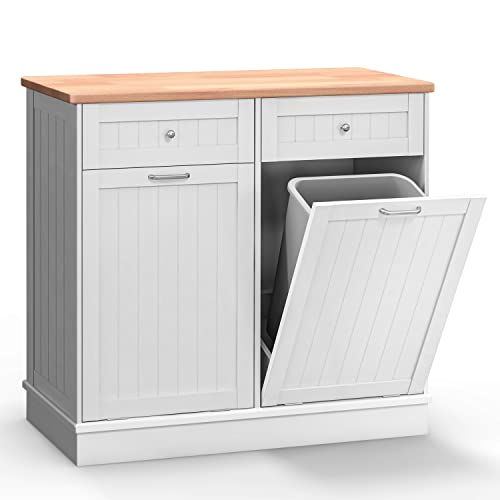 Tilt Out Trash Cabinet Free Standing 10 Gallon Recycling Trash Can Cabinet for Farmhouse Kitchen,Living Room, Dining Room, White