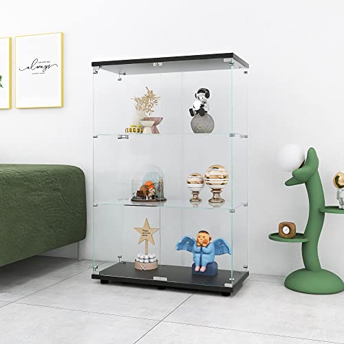 Glass Display Cabinet, 4 Shelves 3 Door Glass Curio Cabinet Display Case, Floor Standing Glass Bookshelf Showcase for Living Room Bedroom Officee, 66.5" H x 47.7" W x 14.53" D,Black