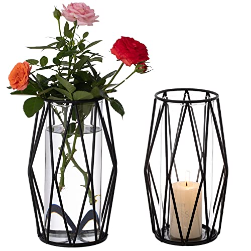 2Pcs Gold Pillar Hurricane Candle Holders, Clear Glass Candleholders with Geometric Metal Rack Stand, Decorative Cylinder Vases for Dining Table Centerpieces, 8.5"
