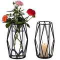 2Pcs Gold Pillar Hurricane Candle Holders, Clear Glass Candleholders with Geometric Metal Rack Stand, Decorative Cylinder Vases for Dining Table Centerpieces, 8.5"