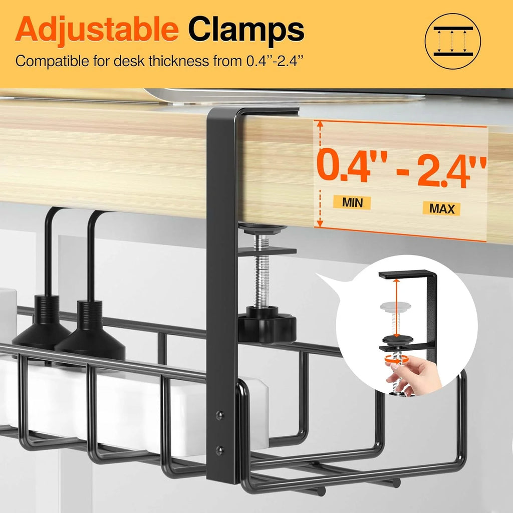 2 Pack Under Desk Cable Management Tray, 31.4" No Drill Metal Cord Organizer, Black P622