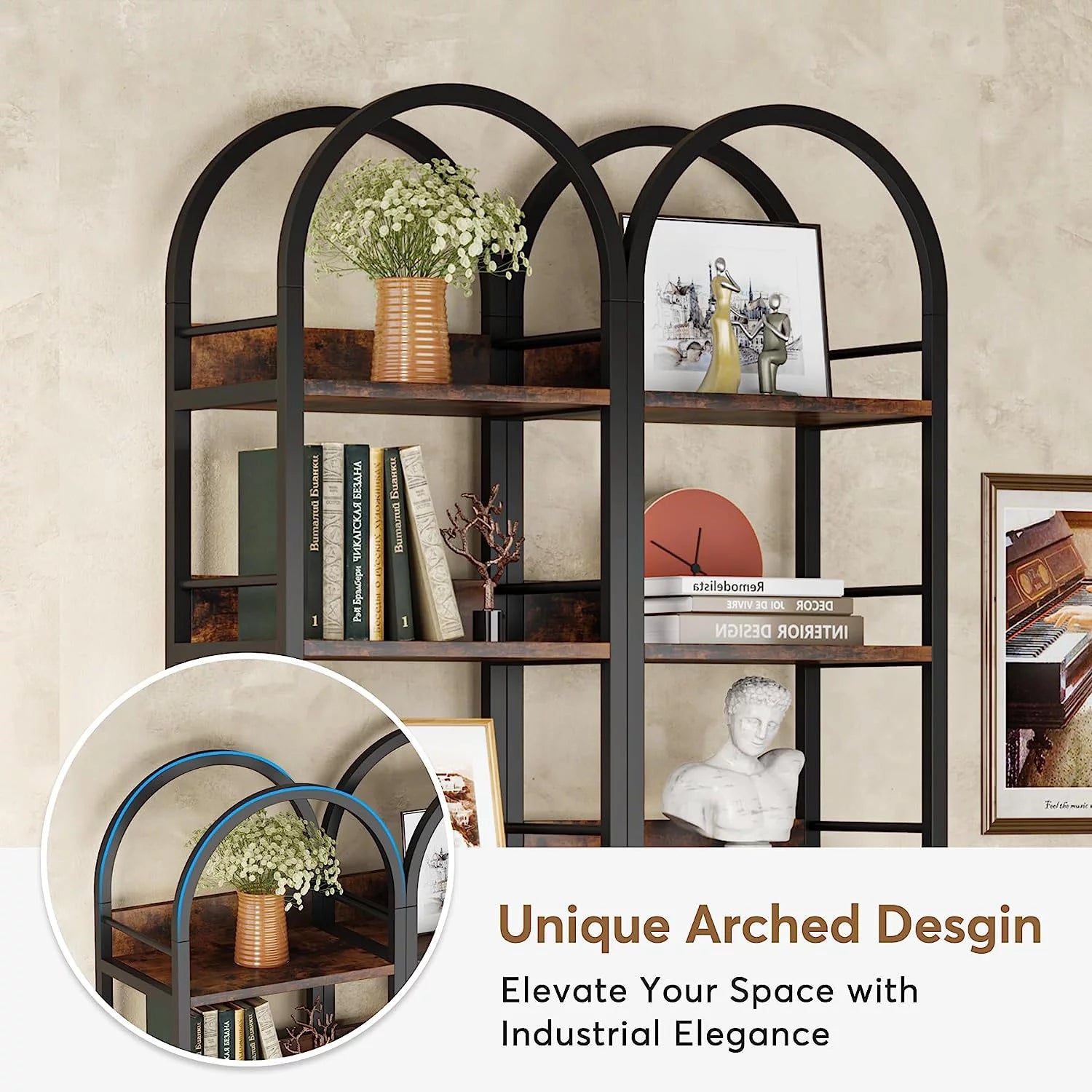Tribesigns 6-Tier Open Bookshelf, Arched Bookcase with Metal Frame, Rustic Brown K166