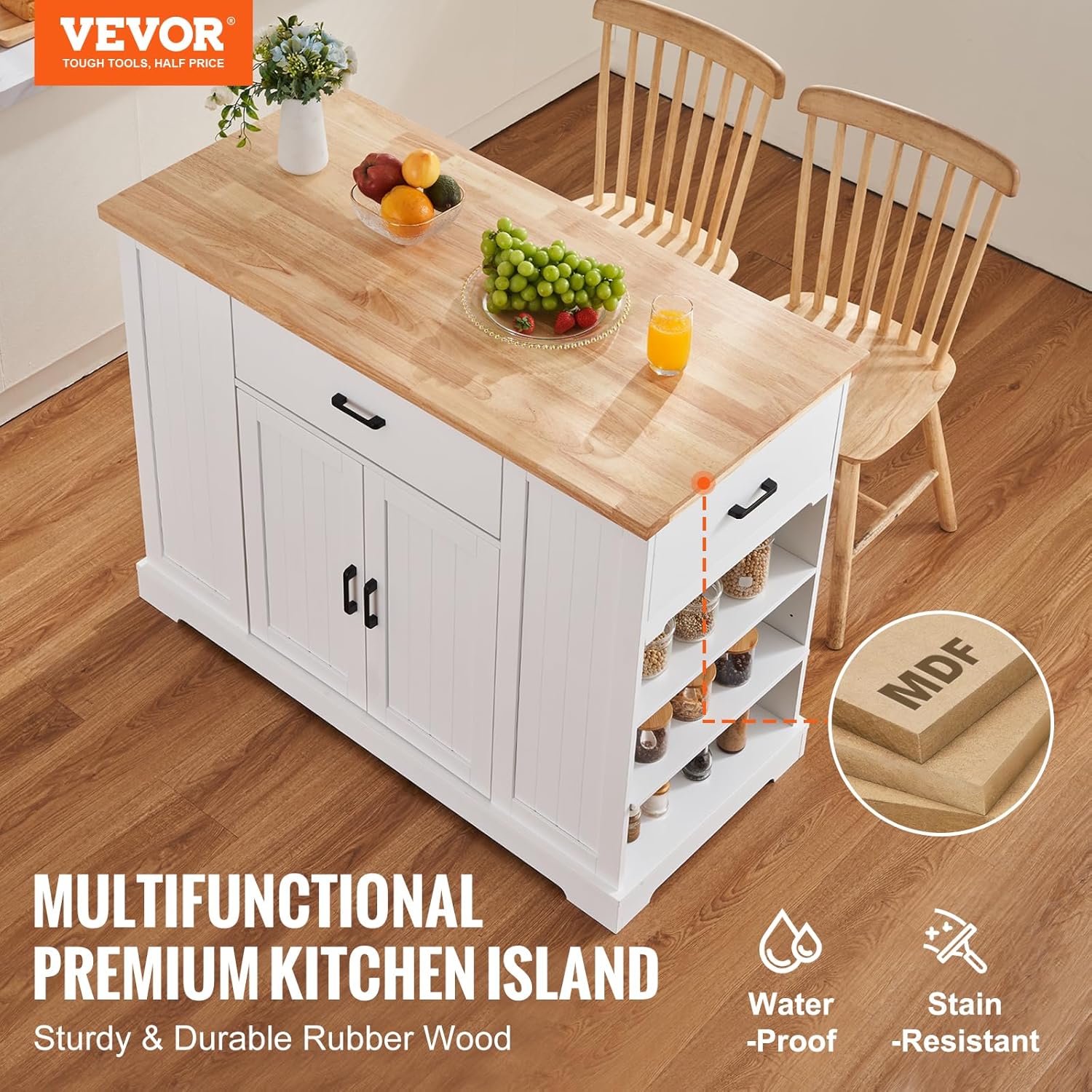VEVOR Kitchen Island Cart 46" Wood Top Breakfast Bar with Storage Cabinet W280262