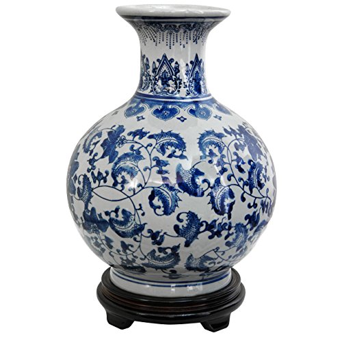 Oriental Furniture 12" Floral Blue & White Porcelain Vase