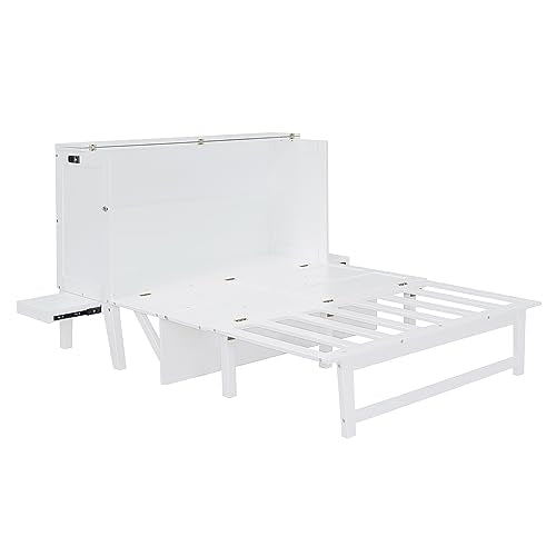 Queen Size Murphy Bed with Bookcase, Foldable Wood Frame with Storage Drawer, White D94283