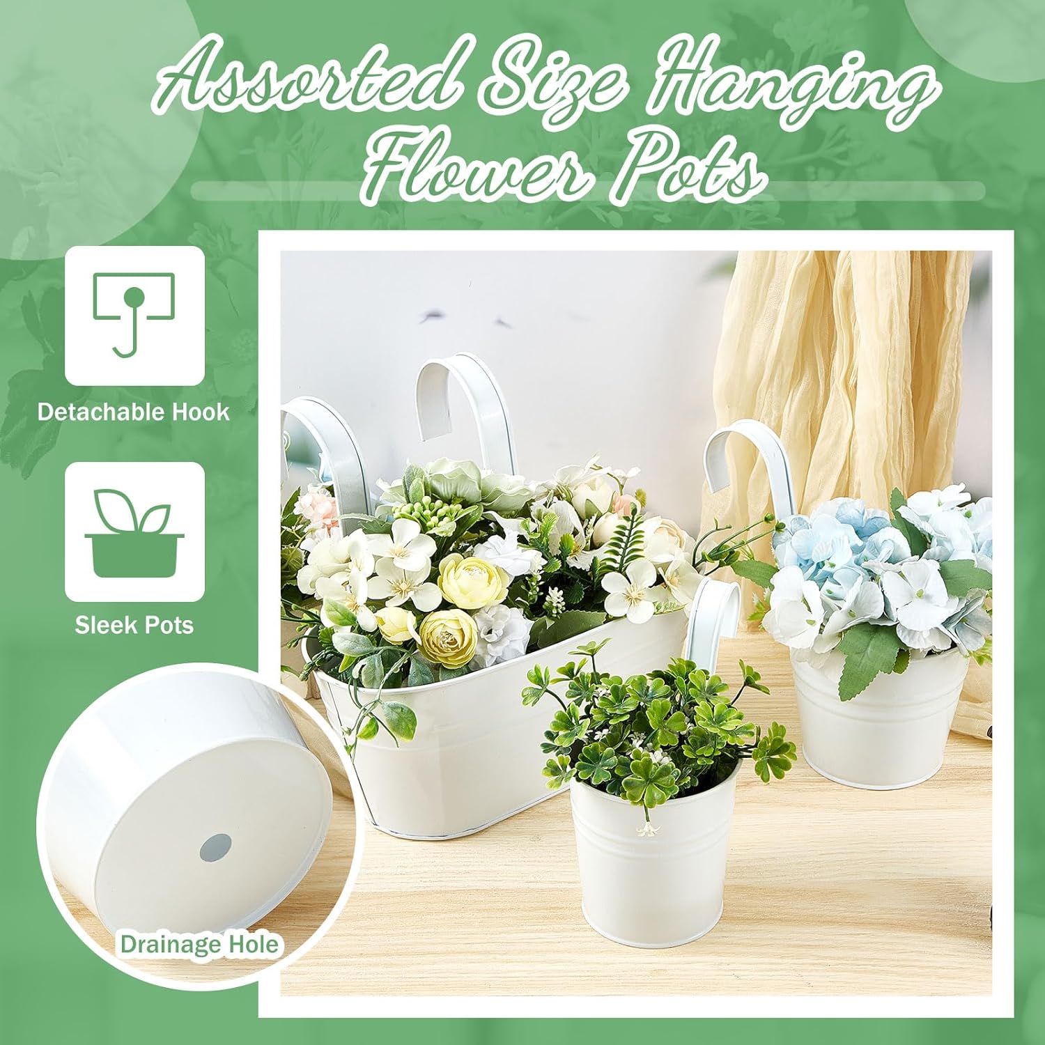 Nuanchu 15 Pcs Hanging Flower Pots White Oval Balcony Planters with Detachable Hooks G26668