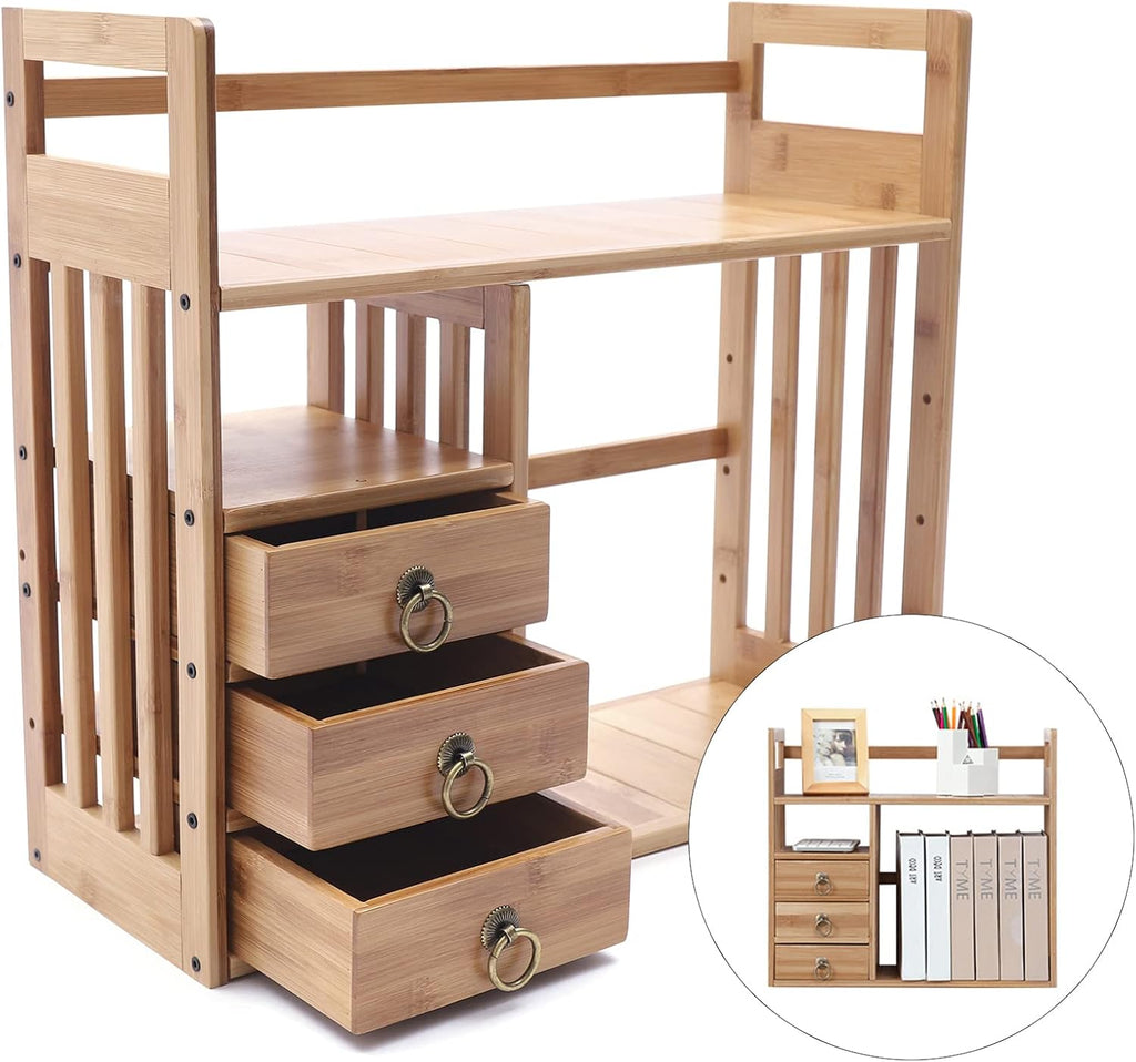 Bamboo Desk Shelf Organizer with 3 Drawers, Natural V13178