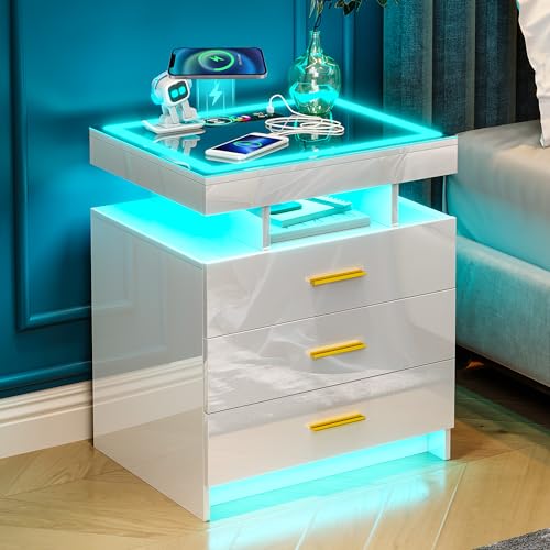 HNEBC LED Nightstand with Wireless Charging Station, Night Stand with 3 Drawers for Bedroom Furniture,End Side Table has Dancing Lights, 20 Color Dimmable Auto Sensor Modern Bedside Table Black