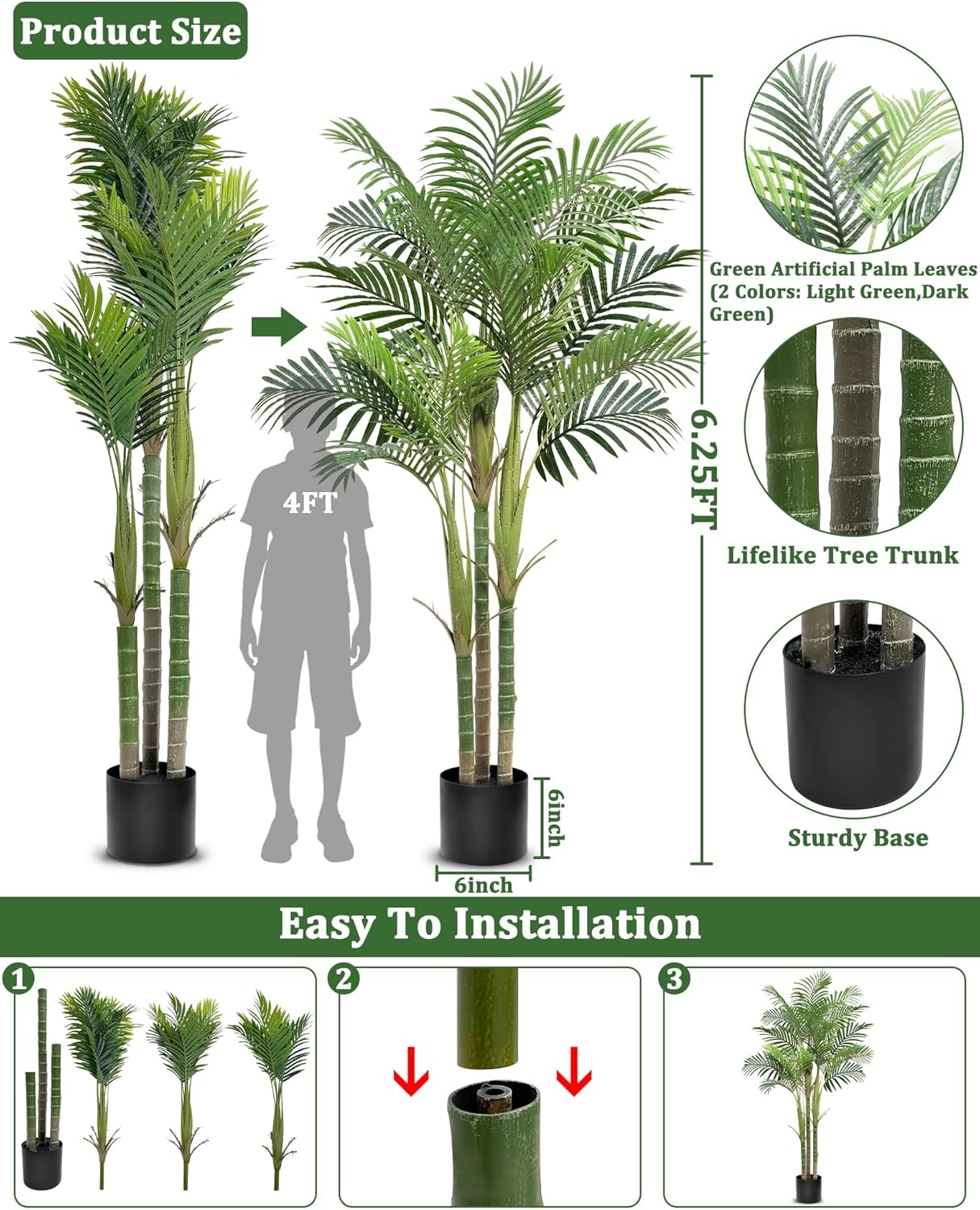 6.25 Ft Tall Artificial Palm Tree with Three Trunks for Indoor Outdoor Decor C60238
