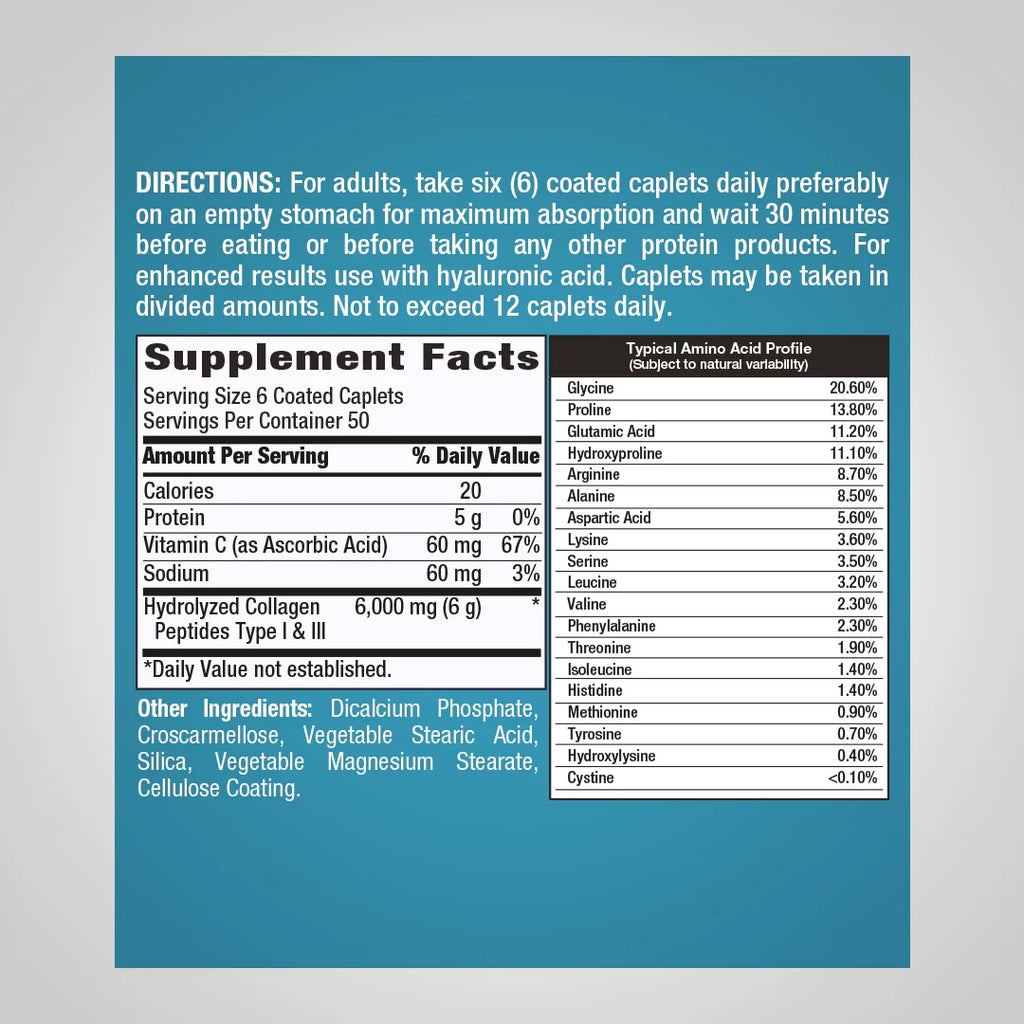 Piping Rock Collagen Pills 6000mg, 300 Caplets, Hydrolyzed Peptide Supplement R59298