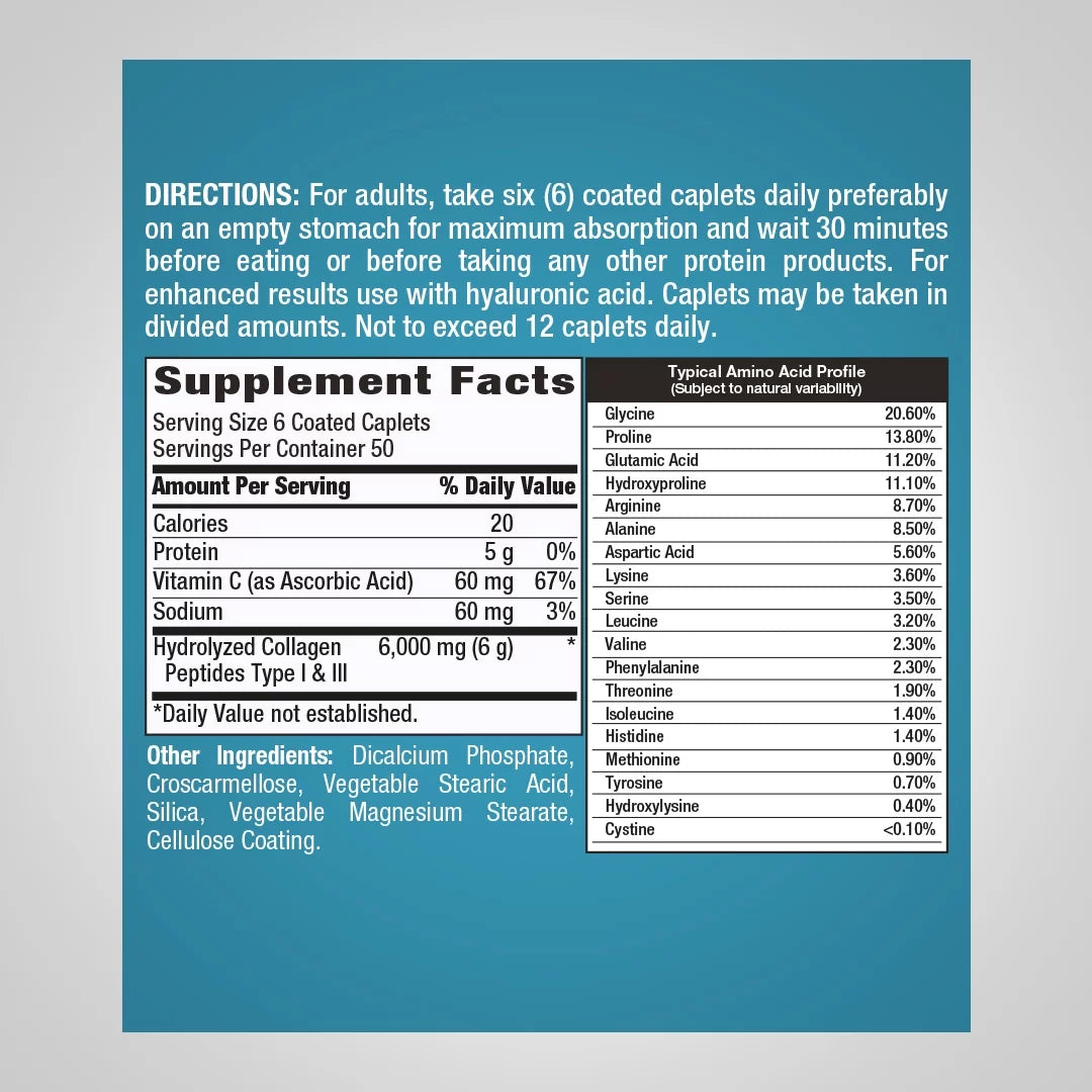 Piping Rock Collagen Pills 6000mg, 300 Caplets, Hydrolyzed Peptide Supplement R59298