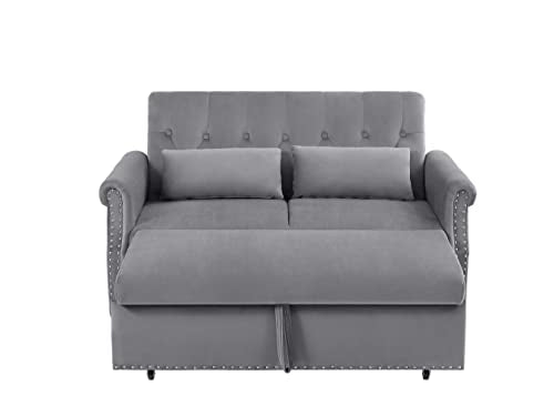 55" Button Tufted Upholstered Futon Loveseat Daybed Convertible Sofa Bed, Gray Velvet J646936
