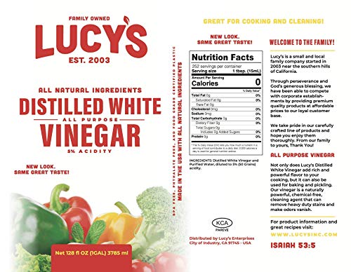 Lucy's Family Owned Natural Distilled White Vinegar, 1 Gallon (128 oz), 5% Acidity E6247