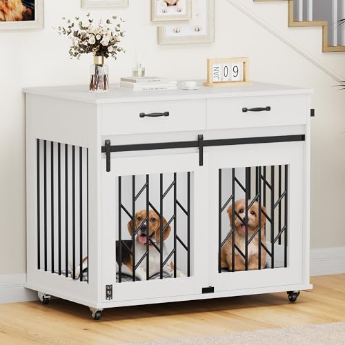 YITAHOME Dog Kennel Furniture for 2 Dogs, 39 inch Double Dog Crate with Storage Drawers, Indoor Wooden Dog House Heavy Duty for 2 Small Medium Dogs, Brown