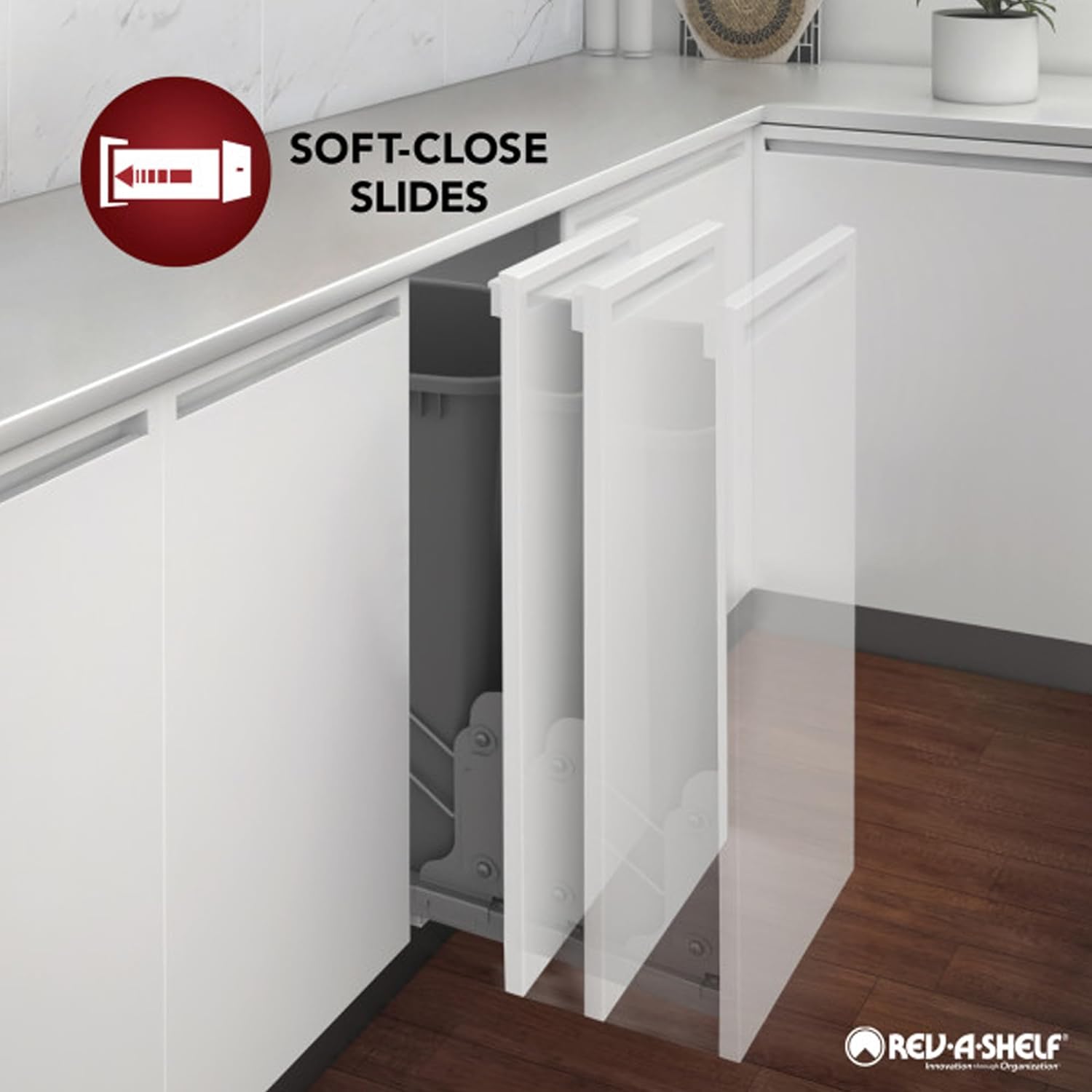 Rev-A-Shelf Pull Out Trash Can for Kitchen Cabinets, 35 Qt, Soft-Close, Silver R9194