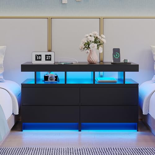 dnbss Nightstand with Wireless Charging Station, LED Lighting & Drawers, Black P995