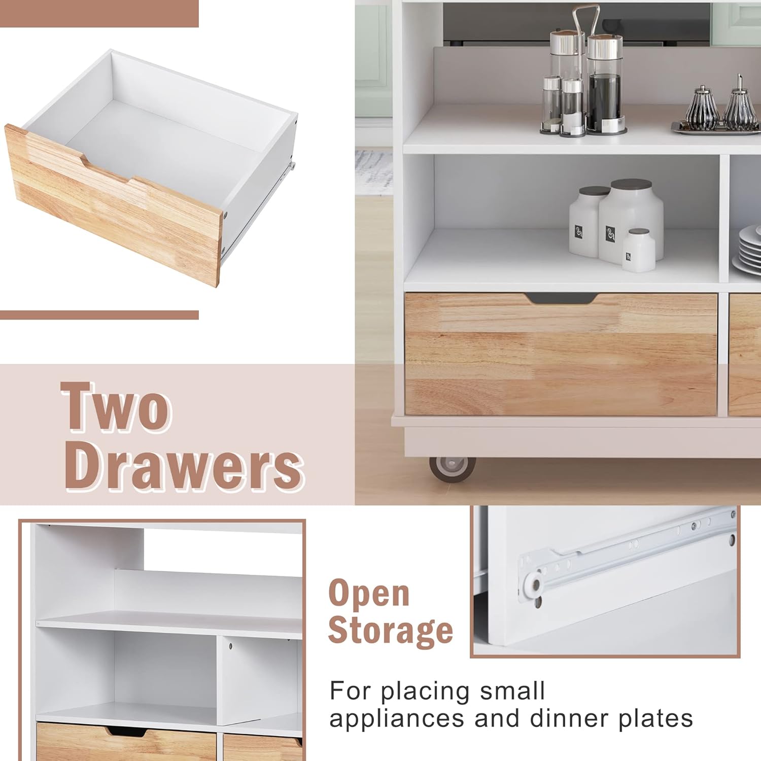 Rolling Kitchen Island Cart with Storage, Rubberwood Top, White U170114