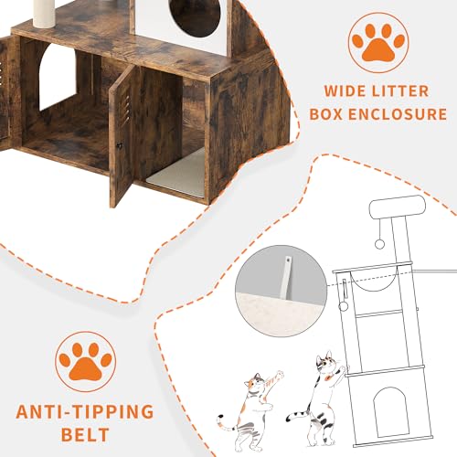 Cat Litter Box Enclosure with Cat Tree Tower, Sisal Scratching Post, Rustic Brown U730