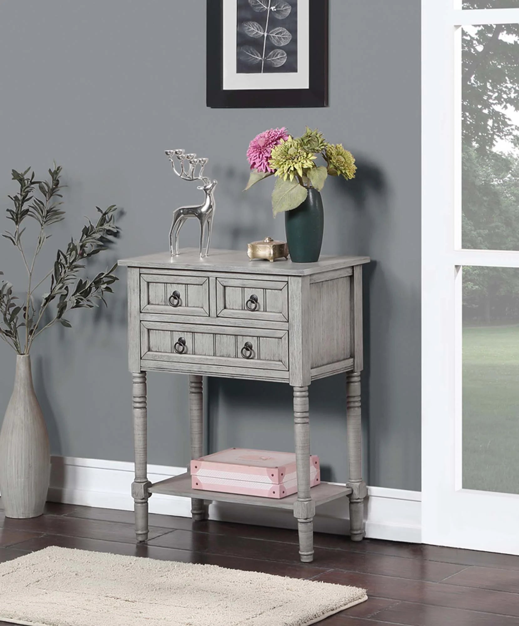 Covenience Concepts Kendra 3 Drawer Hall Table with Shelf, Wirebrush Light Gray