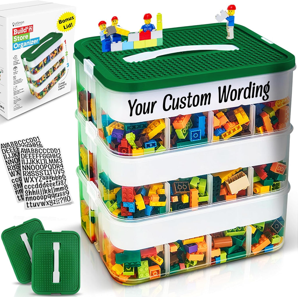 Plastic Stackable Toy Storage Organizer Bin for Lego, Building Bricks, Dolls and Crafts Organization, 3 Layers with Adjustable Compartments,ABC Stickers and 2 Lids Included