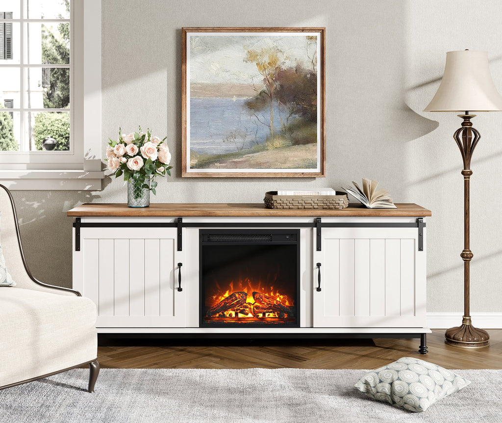 WAMPAT TV Stand with Electric Fireplace for 65 75 Inch TV, Sliding Barn Door, White I8331