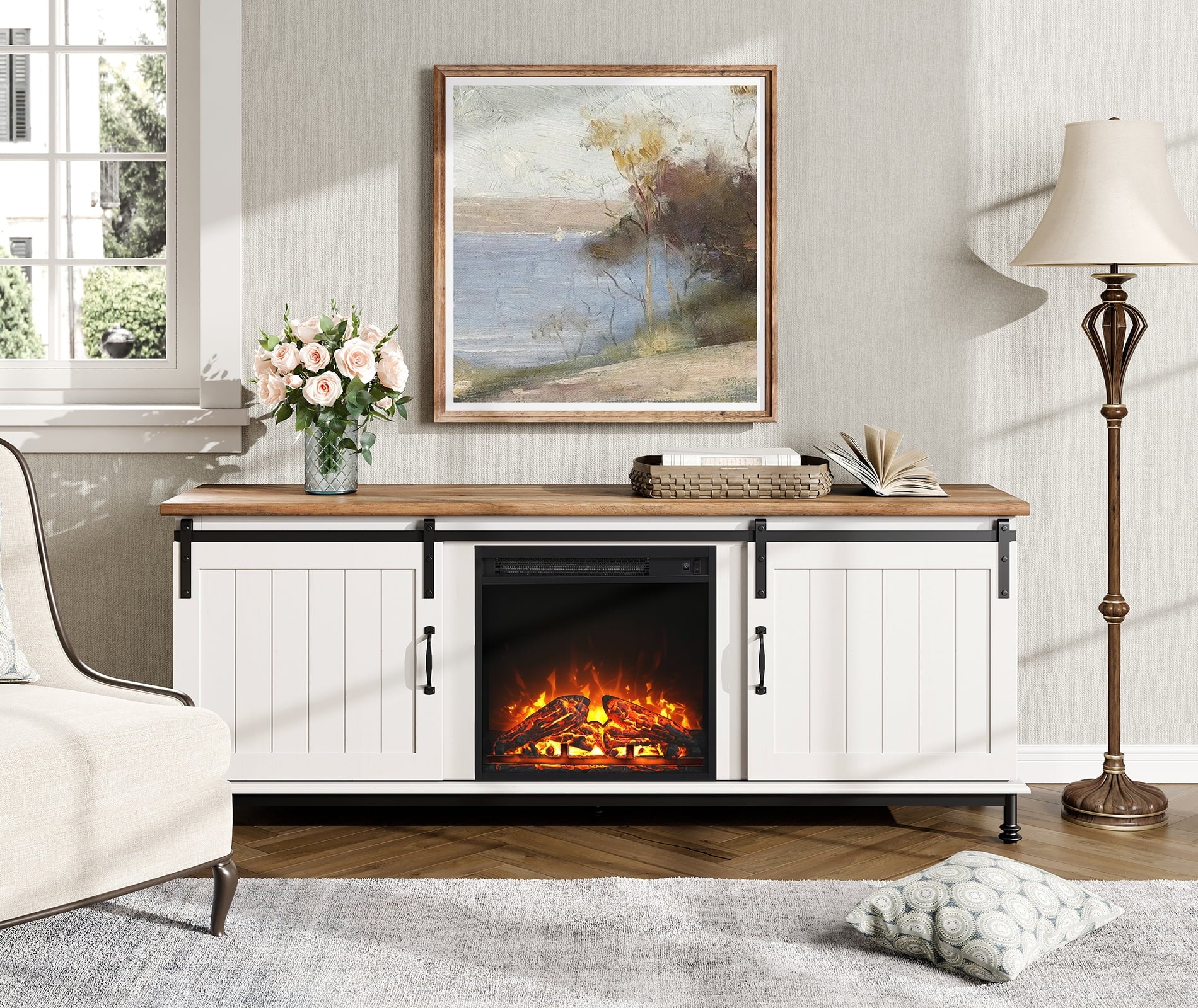 WAMPAT TV Stand with Electric Fireplace for 65 75 Inch TV, Sliding Barn Door, White I8331