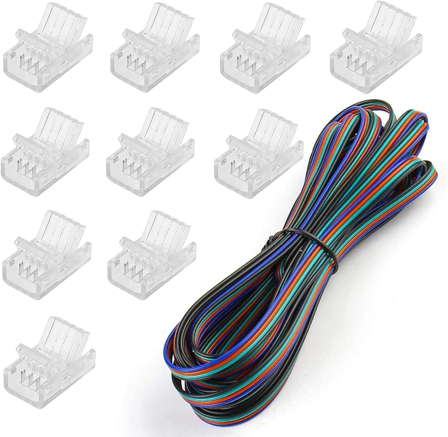 SUPERNIGHT 10 Pack 4 Pin LED Connector for 10mm Waterproof and Non-waterproof RGB 5050 LED Strip Lights, Include 16.4ft Extension Cable,Strip to Wire Quick Connection without Stripping,